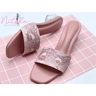 NitshaShoes รองเท้าส้นแก้ว รองเท้าส้นสูงแบบสวม รุ่น Flamingo Plant (ฟลามิงโก แพล้นท์)