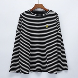 เสื้อยืดแฟชั่น คอกลม แขนยาว ลายขวาง ปัก smile