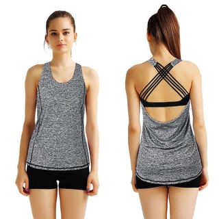 Fitness suit, sports bra ชุดออกกำลังกาย สปอร์ตบรา เสื้อออกกำลัังกายพร้อมบรา  พร้อมส่ง (สีเทา)