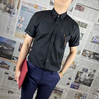 SHIRTFOLDING เสื้อเชิ้ต แขนสั้นคอปก สีดำ กระดุมดำ