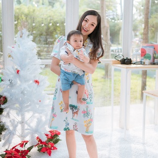 Mamong ชุดให้นม ใส่โค้ดลด 65-130B (รับcodeในแชท) ชุดคู่แม่ลูก  เดรสแต่งปกขอบลูกไม้ ผ้าซาร่า ลาย