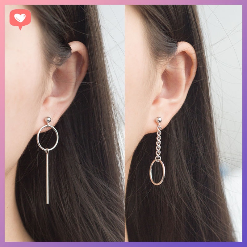 ต่างหูยาวผู้หญิงสําหรับงานปาร์ตี้ที่มีแหวนทรงกลมแบบเอียง B21 Give.love shop ต่างหูเกาหลี