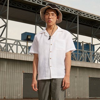 YMS-023 เสื้อเชิ้ตทรงฮาวายผู้ชาย Linen Hawaii Shirt สีขาว