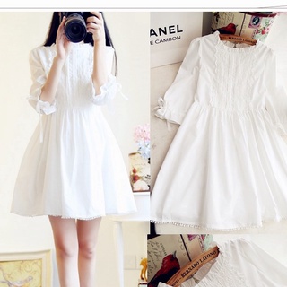 พร้อมจัดส่ง  เดรสขนาดยาวปานกลาง เกลหลี พร็อพ  แขนห้าส่วนสำหรับผู้หญิง เดรสทรงH เอวกลาง คอตั้ง ผ้าฝ้าย สีขาว