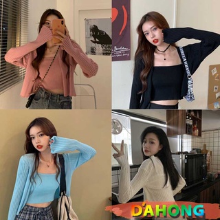 Dahong ✨พร้อมส่ง✨［ชุดเซต2ชิ้น］คาร์ดิแกน+สายเดี่ยว เสื้อไหมพรม เดี่ยวพร้อมเสื้อคลุมสีน่ารักแฟชั่น7195-2