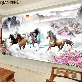 ชุดภาพวาดปักเพชร ทรงกลม รูปม้าแปดตัว สําหรับตกแต่งบ้าน