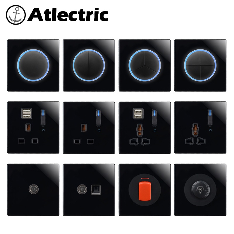 Alectric สวิตช์ไฟ LED ตัวบ่งชี้ UK Power Socket Wall Outlet สวิทช์รีเซ็ต 20A 45A สวิทช์ Dimmer พัดลมสวิทช์ปุ่มกดสวิทช์ทีวี RJ45 สีดํากระจกสวิทช์