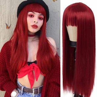 วิกผมยาวตรง สีแดง พร้อมหน้าม้า วิกผมสังเคราะห์ แฟชั่นสําหรับผู้หญิง ทนความร้อน ดูเป็นธรรมชาติ