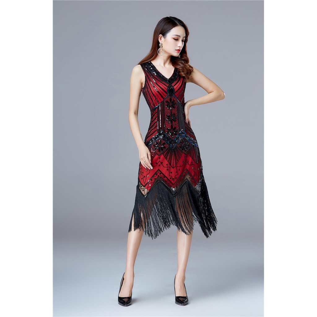 1920s Vintage Flapper Great Gatsby Party Dress เดรสคอวีสีดํา/แดง