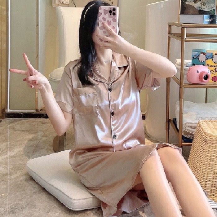 B113 Beyou Fashionsชุดนอนกระโปรง ซาตินเดรส เนื้อนุ่มคุณภาพสูง สไตล์สีทึบ กระโปรงแขนสั้น - รูปที่ 6