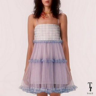 TandT - MIXED GINGHAM RUFFLE TRIMMED MINI DRESS เดรสสายเดี่ยว ตัดต่อรูดระบายใต้อก ตัดต่อลายสก็อต 2 สี ตกแต่งระบาย