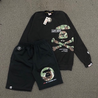 เสื้อกันหนาว และกางเกงขาสั้น ลายพราง สีดํา AAPE X A BATHING APE CAMO SKULL FACE