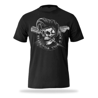 เสื้อยืดผ้าฝ้ายพิมพ์ลายขายดี เสื้อยืด พิมพ์ลาย Rock NRoll Will Never Die สําหรับผู้ชาย Elvis Presley Rockabilly. ใหม่ เ