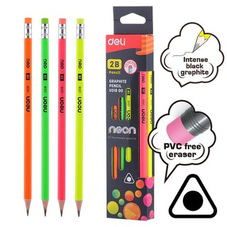 Graphite Pencil ดินสอไม้ 2B ทรง 3เหลี่ยมสีนีออน แพค 12 แท่ง ยี่ห้อ Deli รุ่น DL U51800 ค่ะ &gt;&lt;