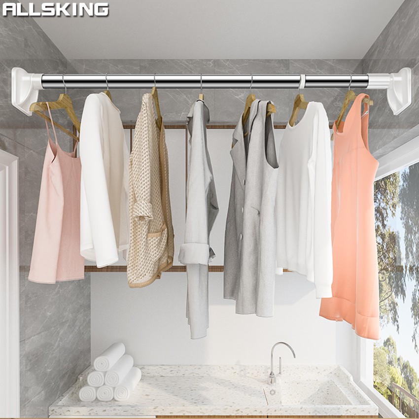 Allsking ราวแขวนผ้า แบบติดผนัง ที่แขวนผ้า ปรับยืดได้ ไม่ต้องเจาะผนัง