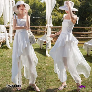 J11441 Maxi Dress เดรสยาว สายเดี่ยว ผูกไหล่ แต่งระบายเฉียง Long dress, single strap, tie the shoulder, obliquely ruffled