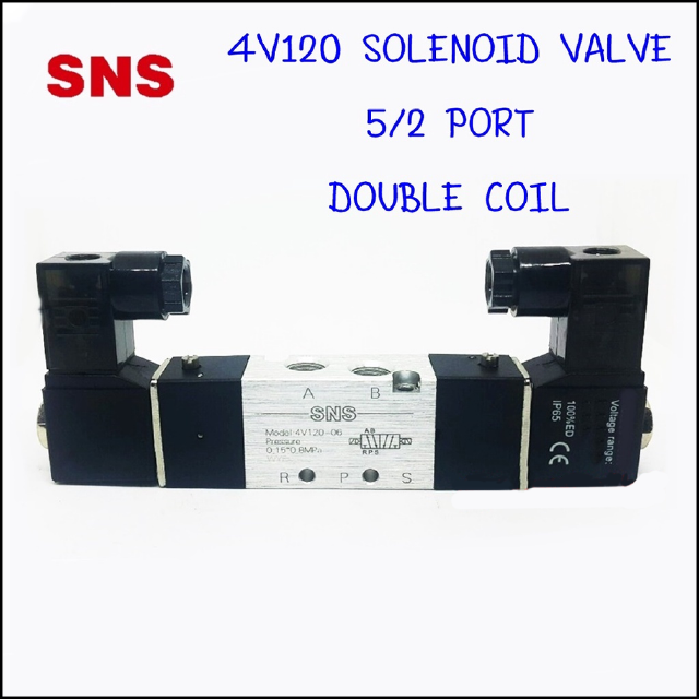 4V120-06 โซลินอยด์วาล์วไฟฟ้า 2คอย 5/2 ขนาด 1 หุน 1/8 -SNS Pneumatic Solenoid Valve Double Coil 5/2 Port 1/8