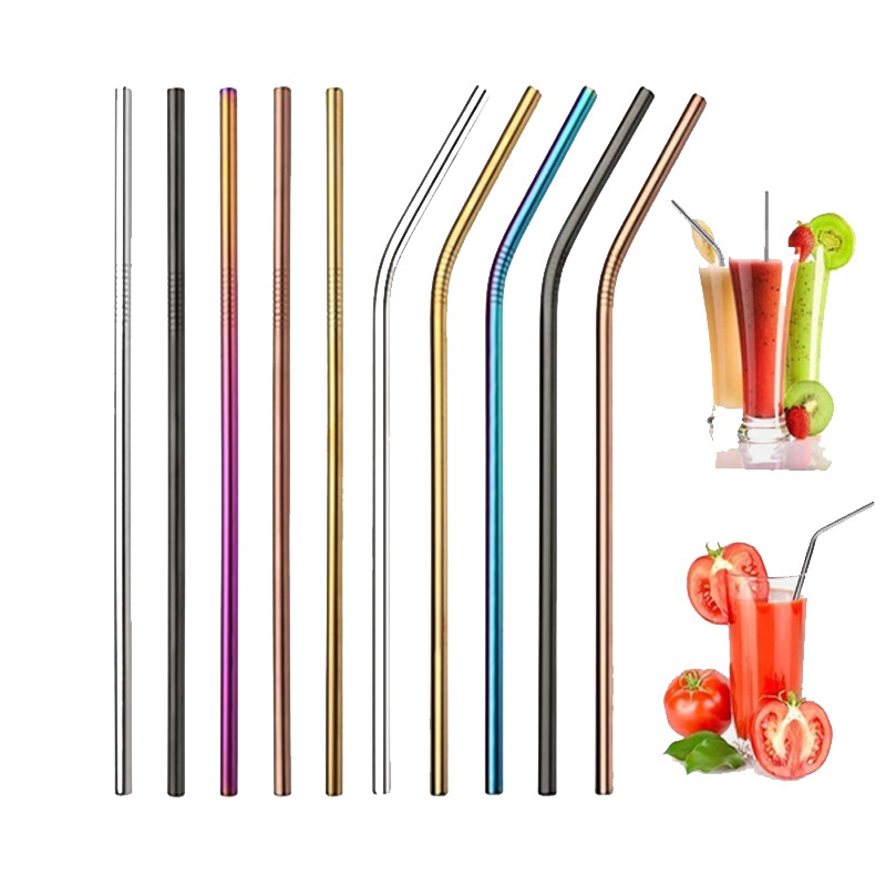Metal Drinking Straw 304 Stainless Steel Colorful Straws Reusable Bent Straight Straw Set Bar Party Accessory