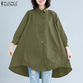Zanzea เสื้อเบลาส์ลําลอง คอปก แขนสามส่วน ติดกระดุม สีพื้น สําหรับผู้หญิง