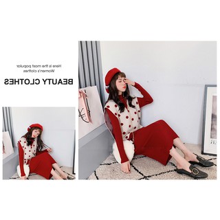 [พร้อมส่ง]เดรสไหมพรม พร้อมเสื้อกั๊กไหมพรมลายจุด