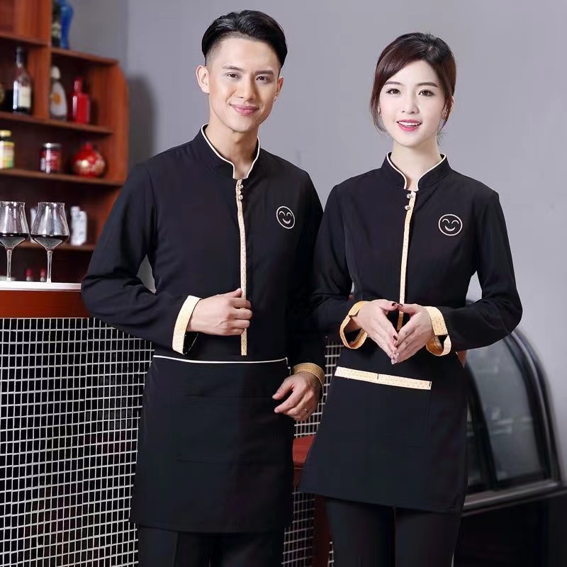 ชุดเครื่องแบบพนักงานเสิร์ฟ แขนยาว พร้อมผ้ากันเปื้อน สําหรับโรงแรม ร้านอาหาร พนักงานเสิร์ฟ
