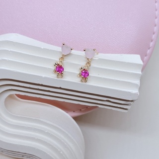 ต่างหูหมี Bear in pink gem stone Brass 18K nickel free, ไม่ลอกไม่ดำ ไม่แพ้