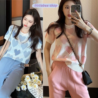 littlebee🍄51025#✨พร้อมส่ง✨เสื้อไหมพรมแขนสั้น ลายหัวใจติดมุก สุดน่ารัก