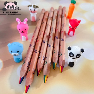 【Pinkpanda】ดินสอสี แท่ง 4 สี ดินสอสีไม้ พร้อมฝาดินสอการ์ตูน ฝาดินสอซิลิโคน