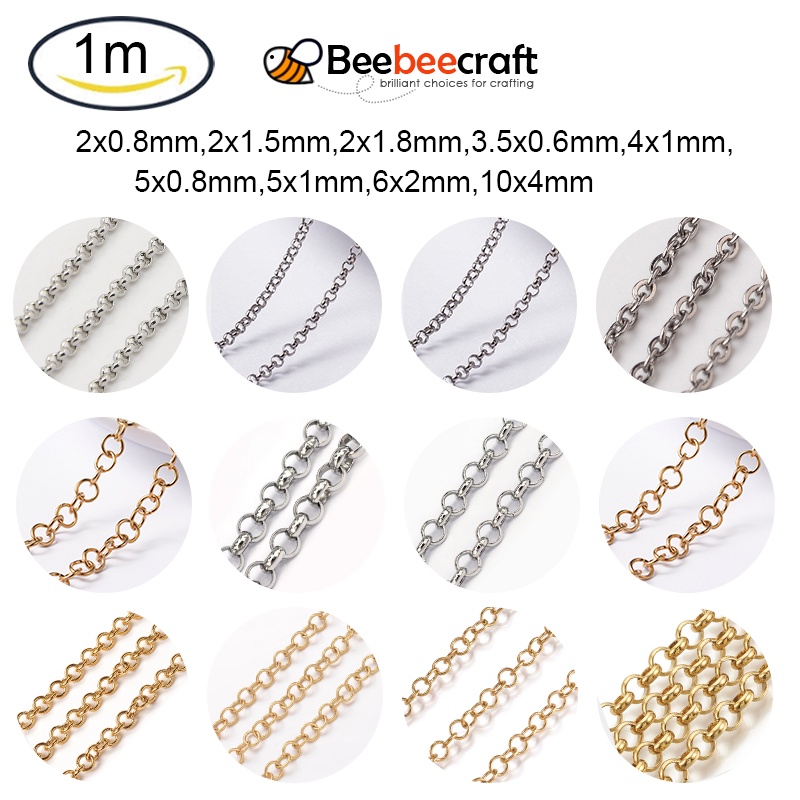 Beebeecraft สายโซ่สเตนเลส 304 ชุบสุญญากาศ ยาว 1 เมตร สีทอง สําหรับทําเครื่องประดับ DIY