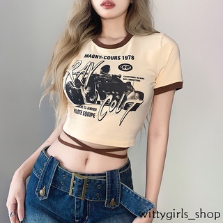 Wittygirls_shop | ฤดูร้อนใหม่เซ็กซี่บางแฟชั่นพิมพ์คอกลมสายคล้องเอวสะดือเสื้อยืดผู้หญิง