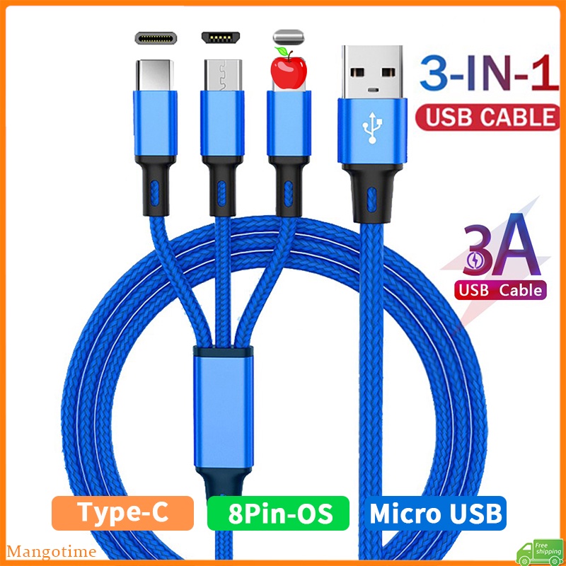 Fast Ship2.8A 3 In 1 Fast ChargerสายไฟMicro USB/Type Cโทรศัพท์สายชาร์จUSBถักสายเคเบิลข้อมูลสายชาร์จเข้ากันได้สําหรับI/Androidโทรศัพท์ – โปรปัง