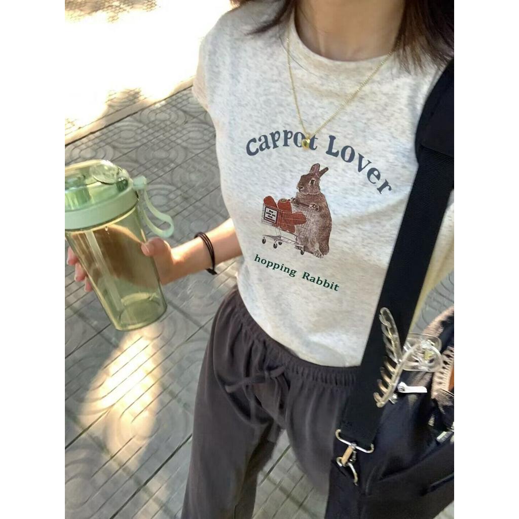ผ้าฝ้ายเสื้อยืดผู้หญิงฤดูร้อนใหม่แขนสั้นพิมพ์บางพอดีสบายๆรอบคอด้านบน
