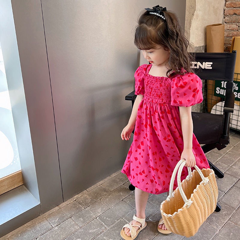 Onekid ชุดเดรสเด็กผู้หญิงฤดูร้อนปี2022ชุดเดรสเจ้าหญิงลายดอกไม้สีแดงสำหรับเด็กแฟชั่นสไตล์ตะวันตกแบบใหม่ชุดเดรสยาวฤดูร้อน