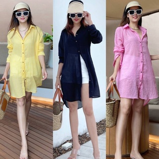 Mini beach dress shirts เดรสเชิ้ตทรงพริ้วยาว ปลายชายเสื้อเว้าทั้งสองข้าง