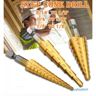 ดอกสว่าน ดอกเจดีย์ (3 ชิ้น) Large HSS Steel Step Cone Drill Titanium Bit Set Hole 3-12/4-12/4-20mm