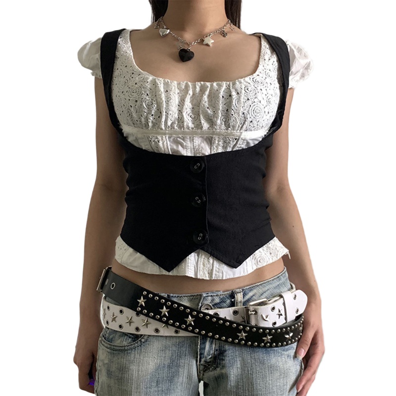 Bettingyou | เสื้อกั๊กทักซิโด้ สีดํา สไตล์วินเทจ โกธิค สําหรับผู้หญิง 3 Butto