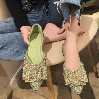 👸CICIshoes👠 รุ่นใหม่ของเกาหลีโบว์อเนกประสงค์ไข่มุก rhinestone รองเท้าถั่วปากตื้นแบน