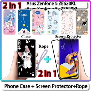 2 IN 1 เคส Asus Zenfone 5 ZE620KL Zenfone 5z ZS620KL เคส พร้อมกระจกนิรภัยโค้ง เซรามิค ป้องกันหน้าจอ แมว และโดราเอมอน