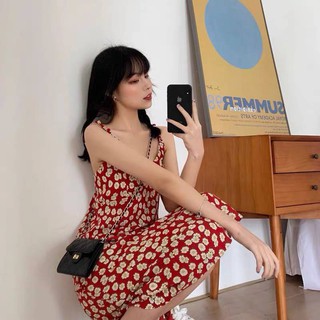 maxi dress flower red -สินค้านำเข้า พร้อมส่ง- ชุดแม็กซี่เดรสสีแดงลายดอก