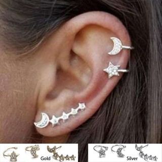 ต่างหู ไม่ต้องเจาะหู ตุ้มหู จิว Star Moon Cuff Earrings Simple ear clip fashion Gift Jewelry earring  - 1 ข้าง 3 ชิ้น