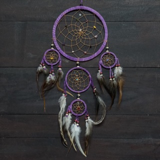 Dream Catcher ตาข่ายดักฝัน โมบาย สีม่วง แบบ 5 ห่วง งานแฮนเมดทำมือ ขนาดความ ยาว 50 เซ็นติเมรต