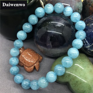 สร้อยข้อมือพลอยสีฟ้าธรรมชาติหินควอตซ์เสน่ห์สำหรับผู้หญิง Round Stone Beads Aquamarine Bracelet Quartz