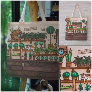 “Eco living” Canvas tote bag กระเป๋าผ้าแคนวาสลายแมวรักษ์โลก