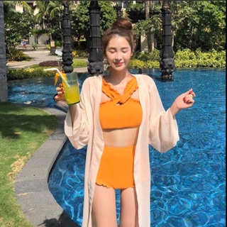 💛👙ชุดว่ายน้ำเอวสูงเหลืองน้ำผึ้ง💛☀️🏖