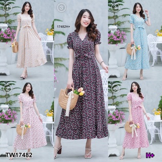 J17482 Dress แม็กซี่เดรสคอวีแขนพองลายดอกไม้ ผูกเอว V-neck maxi dress, puff sleeves, floral print, waist tie