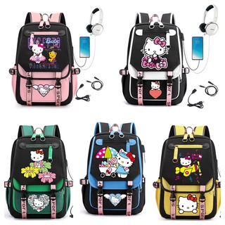 กระเป๋าเป้สะพายหลัง กระเป๋าเดินทาง กระเป๋าแล็ปท็อป ลาย Hello Kitty สไตล์เกาหลี (อินเตอร์เฟซ USB และหูฟัง) สําหรับผู้หญิง และผู้ชาย