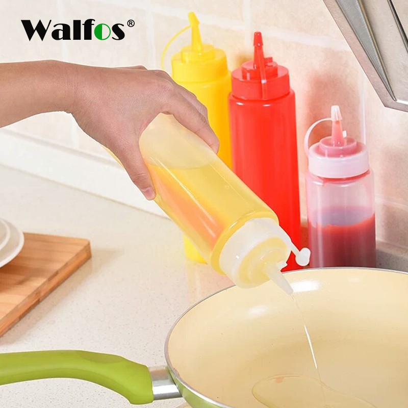 WALFOS ขวดบีบเครื่องปรุงรสสำหรับซอสมะเขือเทศมัสตาร์ดมาโยซอสร้อนขวดน้ำมันมะกอก