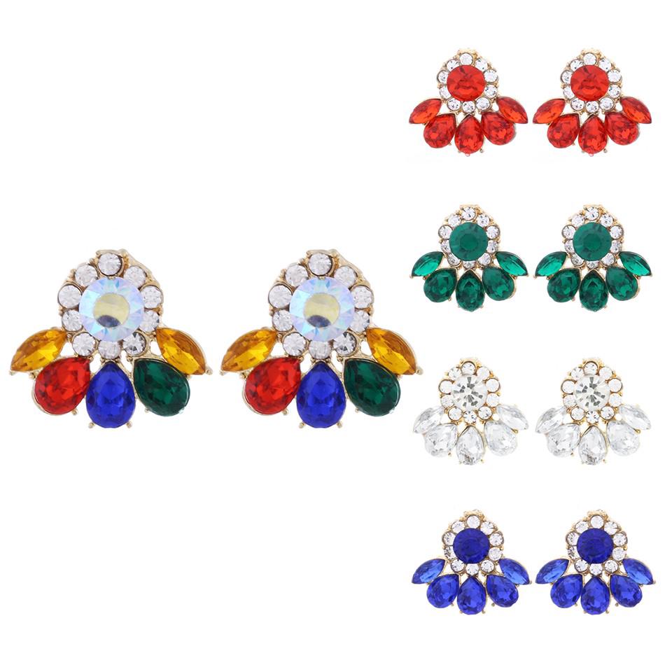 แกนต่างหูดอกไม้ที่มีสีสันย้อนยุค Multicolor Rhinestone Flower Retro Ear Studs Gemstone Earring