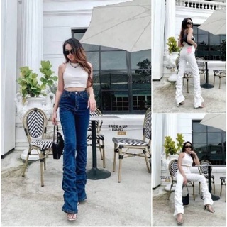 Back​ up​ BU6992 กางเกงขายาว BootCut Jeans ทรงขาม้า แต่ง vintage จับกลีบยับย่นปลายขา