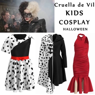 Cruella De Vil ชุดเดรสคอสเพลย์แขนสั้นสําหรับเด็กผู้หญิง